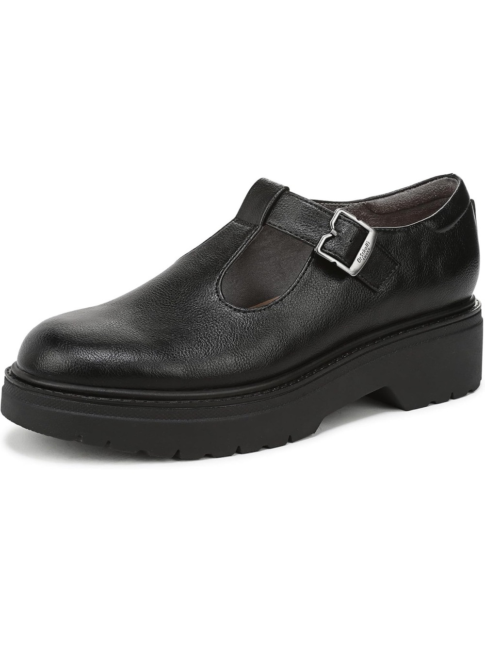 Dr. Scholl's Black Leather T-Strap Platform Shoe with Silver Buckle